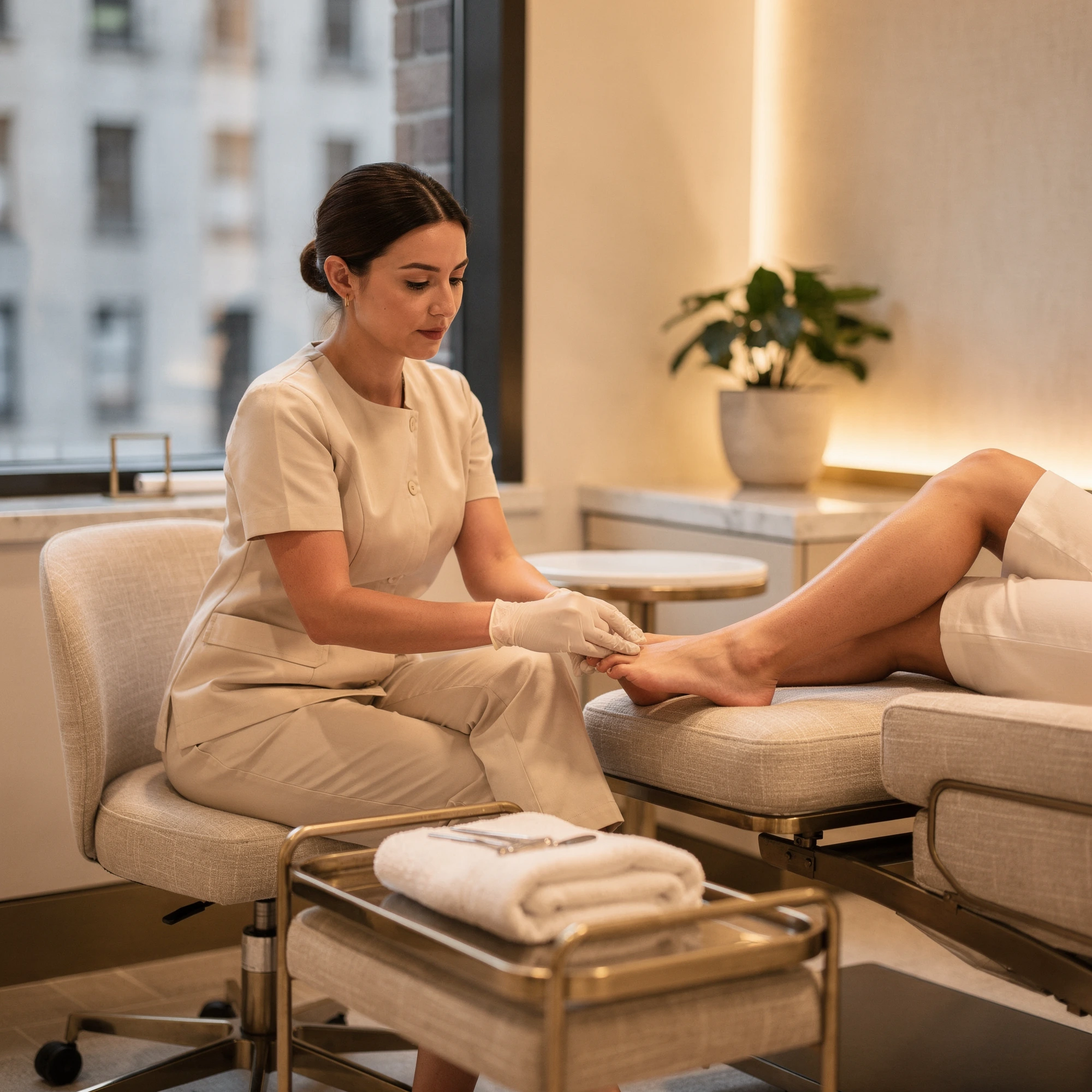 Podiatrist examining a patient's foot in a modern clinical treatment room with city views